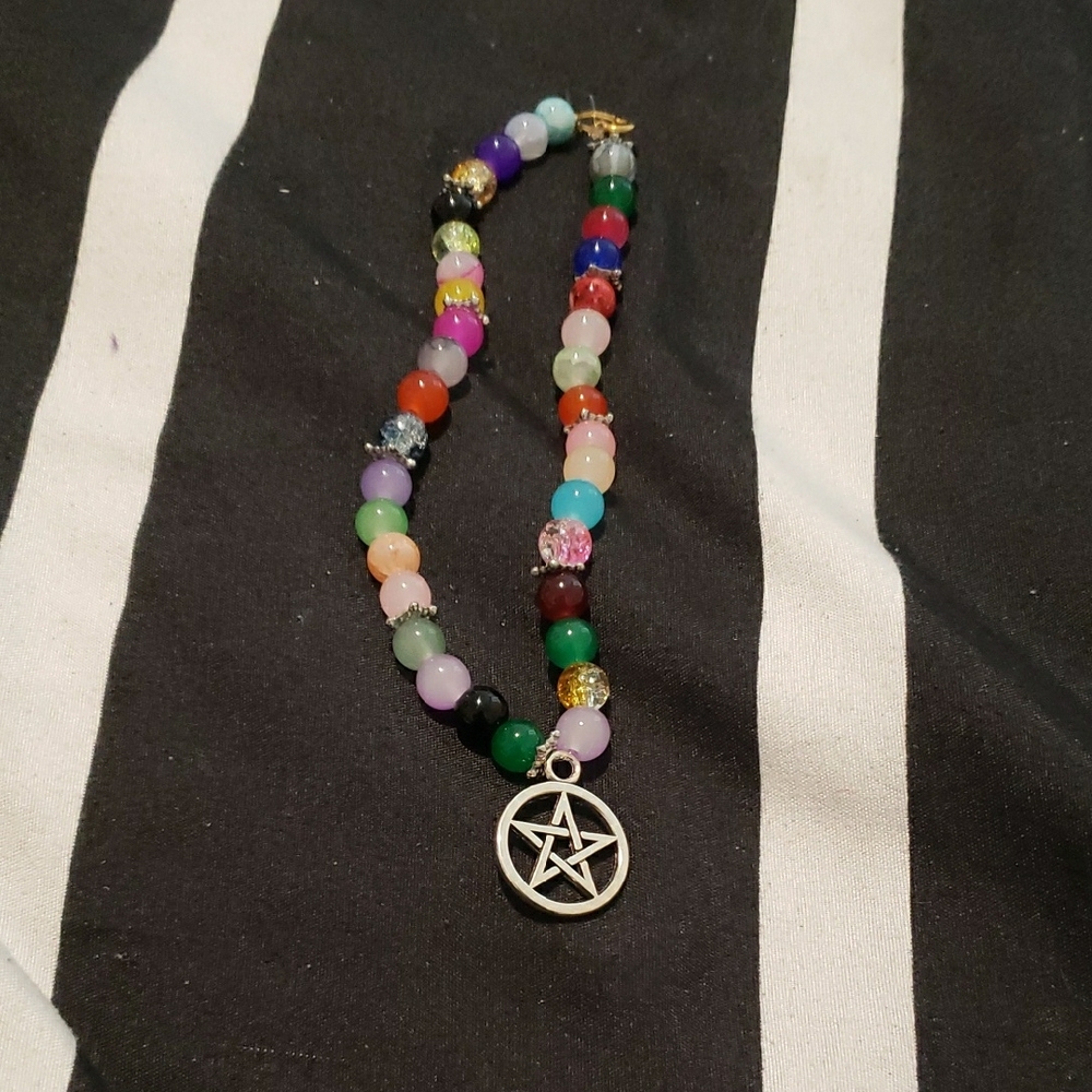Multicolor Beaded Necklace with Silver Pentagram Pendant